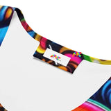 Rave Dreamscape Crop Top, featuring an explosion of psychedelic patterns and neon colors, designed for the ultimate festival experience. The top showcases a flattering fit with a mesmerizing blend of vivid hues, ideal for standout rave and EDM festival fashion.