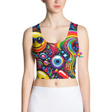 Rave Dreamscape Crop Top, featuring an explosion of psychedelic patterns and neon colors, designed for the ultimate festival experience. The top showcases a flattering fit with a mesmerizing blend of vivid hues, ideal for standout rave and EDM festival fashion.