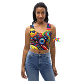 Rave Dreamscape Crop Top, featuring an explosion of psychedelic patterns and neon colors, designed for the ultimate festival experience. The top showcases a flattering fit with a mesmerizing blend of vivid hues, ideal for standout rave and EDM festival fashion.