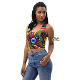 Rave Dreamscape Crop Top, featuring an explosion of psychedelic patterns and neon colors, designed for the ultimate festival experience. The top showcases a flattering fit with a mesmerizing blend of vivid hues, ideal for standout rave and EDM festival fashion.