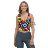 Rave Dreamscape Crop Top, featuring an explosion of psychedelic patterns and neon colors, designed for the ultimate festival experience. The top showcases a flattering fit with a mesmerizing blend of vivid hues, ideal for standout rave and EDM festival fashion.