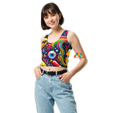 Rave Dreamscape Crop Top, featuring an explosion of psychedelic patterns and neon colors, designed for the ultimate festival experience. The top showcases a flattering fit with a mesmerizing blend of vivid hues, ideal for standout rave and EDM festival fashion.