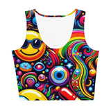 Rave Dreamscape Crop Top, featuring an explosion of psychedelic patterns and neon colors, designed for the ultimate festival experience. The top showcases a flattering fit with a mesmerizing blend of vivid hues, ideal for standout rave and EDM festival fashion.