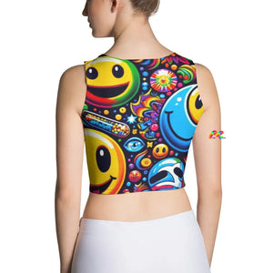 Rave Dreamscape Crop Top, featuring an explosion of psychedelic patterns and neon colors, designed for the ultimate festival experience. The top showcases a flattering fit with a mesmerizing blend of vivid hues, ideal for standout rave and EDM festival fashion.