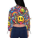 Stylish Rave Dreamscape Cropped Chiffon Jacket featuring a psychedelic multicolor pattern with an array of vibrant hues. The design includes whimsical elements reminiscent of the rave culture, such as abstract swirls, stars, and music notes. The jacket has a chic cropped fit with flowing sleeves, offering a look that's perfect for any EDM festival or dance party.