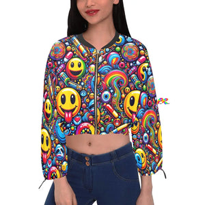 Stylish Rave Dreamscape Cropped Chiffon Jacket featuring a psychedelic multicolor pattern with an array of vibrant hues. The design includes whimsical elements reminiscent of the rave culture, such as abstract swirls, stars, and music notes. The jacket has a chic cropped fit with flowing sleeves, offering a look that's perfect for any EDM festival or dance party.