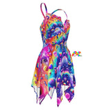 Rave Galaxy Fairy Dress, a colorful and lightweight pride dress with a rainbow design, asymmetrical hemline, criss-cross straps, and flowy fabric, perfect for raves and festivals. Matching couples rave and pride outfits.