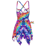 Rave Galaxy Fairy Dress, a colorful and lightweight pride dress with a rainbow design, asymmetrical hemline, criss-cross straps, and flowy fabric, perfect for raves and festivals. Matching couples rave and pride outfits.