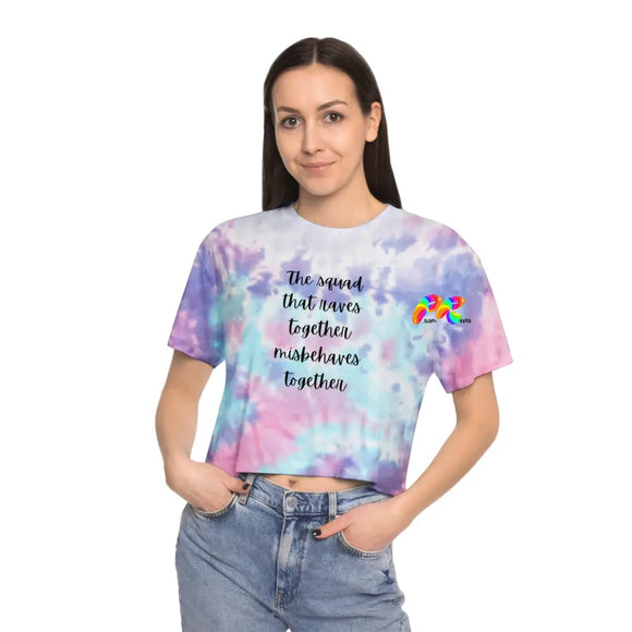 flowy crop top, short sleeve, crew neck, the squad that raves together misbehaves together, xs to 2XL, Rave Squad Women's Tie-Dye Crop T-Shirt - Cosplay Moon