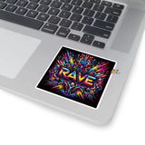 Vibrant Prism Raves square stickers, ideal as rave gifts or decals, showcasing psychedelic and neon designs perfect for festival lovers, available on Prism Raves.