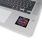 Vibrant Prism Raves square stickers, ideal as rave gifts or decals, showcasing psychedelic and neon designs perfect for festival lovers, available on Prism Raves.