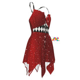 Red Queen Fairy Dress - Bold and striking red fairy dress with a layered tulle skirt, red with sparkle print, and argyle waist belt, perfect for a Wonderland design at raves and parties. Available at Prism Raves.