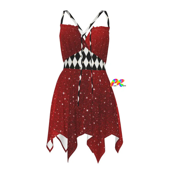 Red Queen Fairy Dress - Bold and striking red fairy dress with a layered tulle skirt, red with sparkle print, and argyle waist belt, perfect for a Wonderland design at raves and parties. Available at Prism Raves.