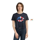 Red White and Blue Lips Women's Flowy Cropped Tee - Cosplay Moon