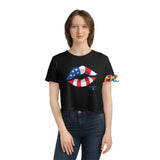 Red White and Blue Lips Women's Flowy Cropped Tee - Cosplay Moon