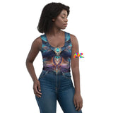 scoop neck crop top that is sleeveless with a psychedelic owl pattern in blue tones, has matching yoga shorts, sizes extra small to extra large - Cosplay Moon