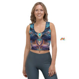 scoop neck crop top that is sleeveless with a psychedelic owl pattern in blue tones, has matching yoga shorts, sizes extra small to extra large - Cosplay Moon