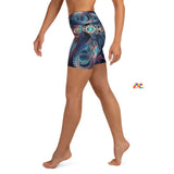 High waist yoga shorts bicycle length with a psychedelic owl pattern in blue tones, sizes extra small to extra large, comes with matching top - Cosplay Moon