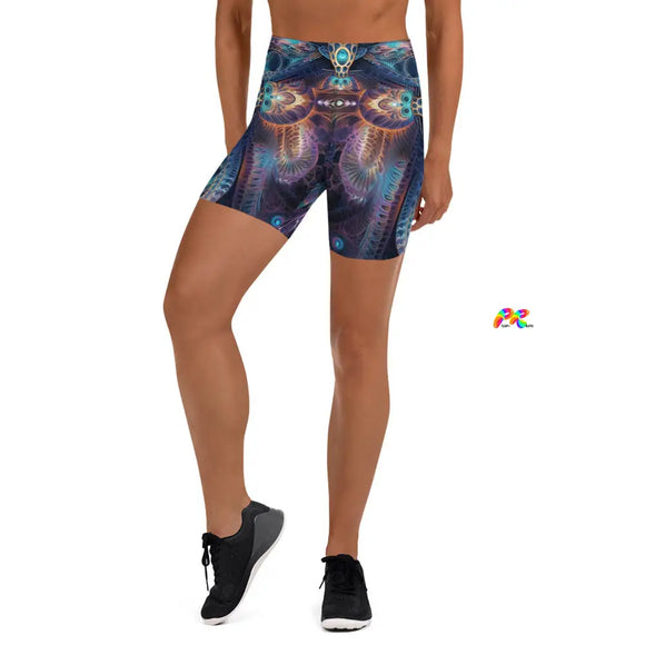High waist yoga shorts bicycle length with a psychedelic owl pattern in blue tones, sizes extra small to extra large, comes with matching top - Cosplay Moon