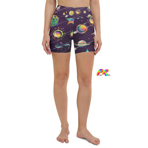 High-waist Saturn Rave Shorts in purple, available in various sizes, paired with a matching top for a complete rave look.