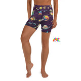 High-waist Saturn Rave Shorts in purple, available in various sizes, paired with a matching top for a complete rave look.