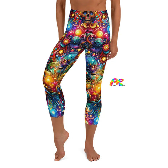 Skull Light Fantasia Goth Rave Yoga Capri Leggings in sizes XS to XL, featuring vibrant gothic patterns and high-waist design. Ideal for pairing with a matching top for colorful, standout rave and activewear from Cosplay Moon.
