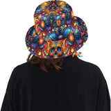 Skull Light Fantasia Rave Bucket Hat with a mesmerizing print of neon skulls and electric patterns against a dark background, embodying the fusion of edgy rave aesthetics with the classic festival bucket hat style.