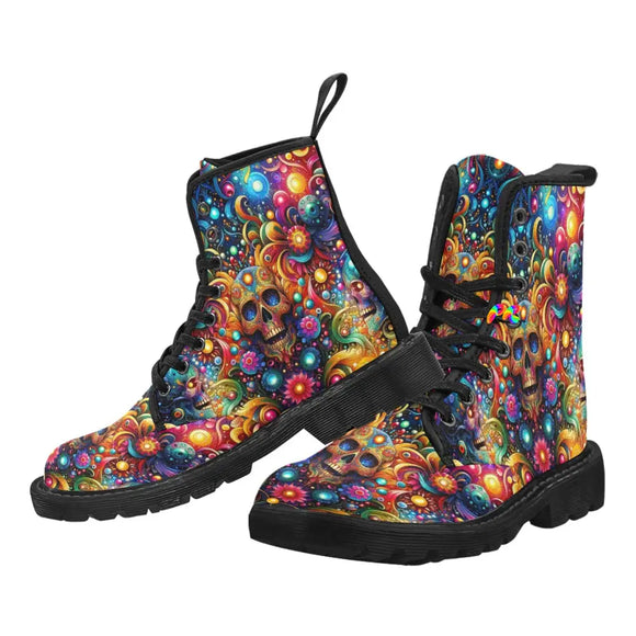 skull light fantasia rave boots for men, black soles, canvas black laces, pull tab, sizes 5 to 12 - cosplay moon