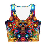 Skull Light Fantasia Rave Crop Top, available in xs to xl sizes,scoop neck, skulls with colorful pattern, matching yoga shorts available featuring a sleeveless, scoop-neck design with a vibrant goth skull pattern, perfect for ravers seeking a standout look.