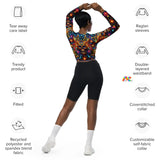 Skull Light Fantasia Rave Long Sleeve, Crew Neck, Raglan Sleeve,Fitted Crop Top in sizes 2XS to 6XL, featuring a unique goth-inspired skull pattern with vibrant colors, perfect as activewear for raves or yoga. This top pairs well with matching capri leggings for a complete goth rave outfit.