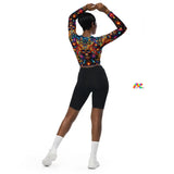 Skull Light Fantasia Rave Long Sleeve, Crew Neck, Raglan Sleeve,Fitted Crop Top in sizes 2XS to 6XL, featuring a unique goth-inspired skull pattern with vibrant colors, perfect as activewear for raves or yoga. This top pairs well with matching capri leggings for a complete goth rave outfit.
