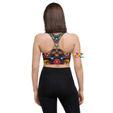 Skull Light Fantasia Rave Longline Sports Bra, available in xs to 3xl, showcasing an intricate and vibrant skull and fantasy pattern, ideal for adding a bold and creative touch to both gym and rave attire.