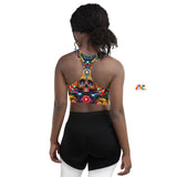 Skull Light Fantasia Rave Longline Sports Bra, available in xs to 3xl, showcasing an intricate and vibrant skull and fantasy pattern, ideal for adding a bold and creative touch to both gym and rave attire.