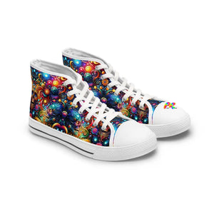 Skull Light Fantasia Rave Women's High Top Sneakers, converse style shoes lace-up, high-top, colorful with a skull and universe background, sizes 5.5 to 12, for women  - Cosplay Moon