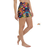 Skull Light Fantasia Rave Yoga Shorts, available in sizes XS to XL, featuring a captivating goth rave pattern with intricate skull and fantasy elements, ideal for assembling a unique and stylish matching yoga set.