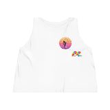 white sleeveless, crew neck, flowy crop top, with a black silhouette of girl in a lyra with a gradient sunset on the front and back sizes extra small to extra large Cosplay Moon, Sleeveless, Women's, Cropped, Tank Top, In 3 Colors, 100% Cotton - Cosplay Moon