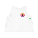 white sleeveless, crew neck, flowy crop top, with a black silhouette of girl in a lyra with a gradient sunset on the front and back sizes extra small to extra large Cosplay Moon, Sleeveless, Women's, Cropped, Tank Top, In 3 Colors, 100% Cotton - Cosplay Moon