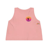peach sleeveless, crew neck, flowy crop top, with a black silhouette of girl in a lyra with a gradient sunset on the front and back sizes extra small to extra large Cosplay Moon, Sleeveless, Women's, Cropped, Tank Top, In 3 Colors, 100% Cotton - Cosplay Moon