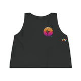 sleeveless, crew neck, flowy crop top, with a black silhouette of girl in a lyra with a gradient sunset on the front and back sizes extra small to extra large Cosplay Moon, Sleeveless, Women's, Cropped, Tank Top, In 3 Colors, 100% Cotton - Cosplay Moon
