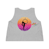 sleeveless, crew neck, flowy crop top, with a black silhouette of girl in a lyra with a gradient sunset on the front and back sizes extra small to extra large Cosplay Moon, Sleeveless, Women's, Cropped, Tank Top, In 3 Colors, 100% Cotton - Cosplay Moon