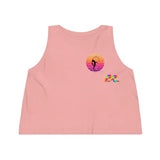 peach sleeveless, crew neck, flowy crop top, with a black silhouette of girl in a lyra with a gradient sunset on the front and back sizes extra small to extra large Cosplay Moon, Sleeveless, Women's, Cropped, Tank Top, In 3 Colors, 100% Cotton - Cosplay Moon