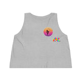 gray sleeveless, crew neck, flowy crop top, with a black silhouette of girl in a lyra with a gradient sunset on the front and back sizes extra small to extra large Cosplay Moon, Sleeveless, Women's, Cropped, Tank Top, In 3 Colors, 100% Cotton - Cosplay Moon