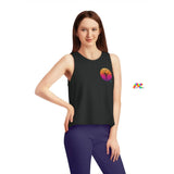 black sleeveless, crew neck, flowy crop top, with a black silhouette of girl in a lyra with a gradient sunset on the front and back sizes extra small to extra large Cosplay Moon, Sleeveless, Women's, Cropped, Tank Top, In 3 Colors, 100% Cotton - Cosplay Moon