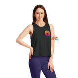black sleeveless, crew neck, flowy crop top, with a black silhouette of girl in a lyra with a gradient sunset on the front and back sizes extra small to extra large Cosplay Moon, Sleeveless, Women's, Cropped, Tank Top, In 3 Colors, 100% Cotton - Cosplay Moon