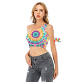 Explore the vibrant Spiral One-Shoulder Tie-Dye Top, featuring a stylish one-shoulder design and colorful tie-dye pattern. Perfect for rave and festival outfits. This top has matching flared leggings, making it an ideal choice for those seeking matching rave outfits, tie-dye festival fashion, and unique rave wear for a standout look.