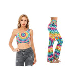 matching rave outfit, lainie wilson style outfit, tie dye rave outfit with crop top and flare high waist leggings - prism raves
