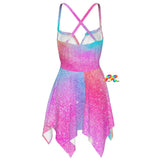 Star Gaze Rave Fae Dress featuring a shimmering, starry design with an asymmetrical hem, criss-cross straps, and a fitted bodice. The flowy, lightweight fabric makes it perfect for dancing at raves, EDM festivals, and Ren Faires.