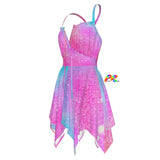 Star Gaze Rave Fae Dress featuring a shimmering, starry design with an asymmetrical hem, criss-cross straps, and a fitted bodice. The flowy, lightweight fabric makes it perfect for dancing at raves, EDM festivals, and Ren Faires.