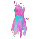 Star Gaze Rave Fae Dress featuring a shimmering, starry design with an asymmetrical hem, criss-cross straps, and a fitted bodice. The flowy, lightweight fabric makes it perfect for dancing at raves, EDM festivals, and Ren Faires.