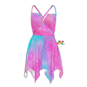 Star Gaze Rave Fae Dress featuring a shimmering, starry design with an asymmetrical hem, criss-cross straps, and a fitted bodice. The flowy, lightweight fabric makes it perfect for dancing at raves, EDM festivals, and Ren Faires.